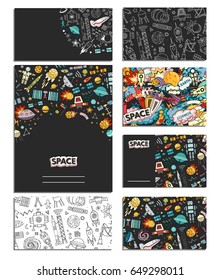 Cards vector template illustration of space. Moon, planet, rocket, earth, cosmonaut, comet, universe. Classification milky way. Cards of Cosmos.