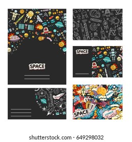 Cards vector template illustration of space. Moon, planet, rocket, earth, cosmonaut, comet, universe. Classification milky way. Cards of Cosmos.