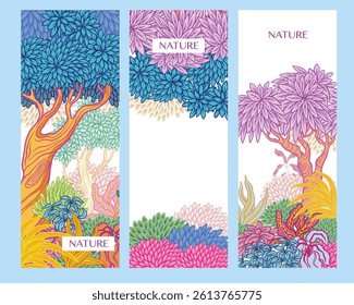 Cards with vivid stylized trees and plants in graphic style. Vector