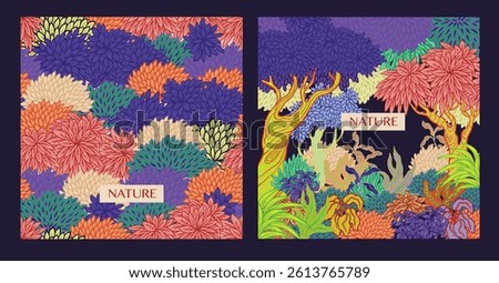 Cards with vivid stylized trees and plants in graphic style. Vector