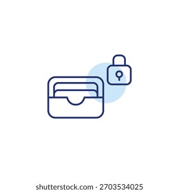 Tarjetas en billetera y cerradura. Pagos seguros, protección antirrobo. Icono de Vector de trazo perfecto y editable