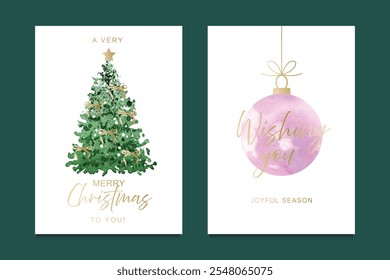 Holiday greeting cards with watercolor Christmas tree and pink ornament with gold details on white backgrounds. Festive design for Merry Christmas and holiday wishes. Vector illustration