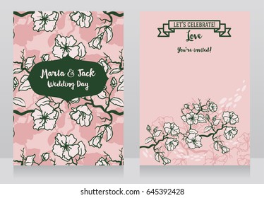 Cards for wedding with blooming tree branches, japanese sakura flowers on wedding banners, vector illustration