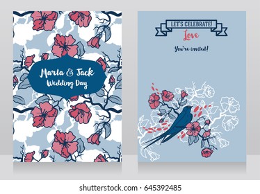 Cards for wedding with blooming tree branches and sitting swallow, romantic palette, can be used as design for winter wedding, vector illustration