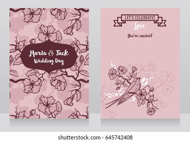 Cards for wedding with blooming tree branches and sitting swallow, romantic palette, vector illustration