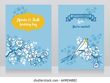 Cards for wedding with blooming tree branches and swallow, japanese style design, blue and yellow colors, vector illustration