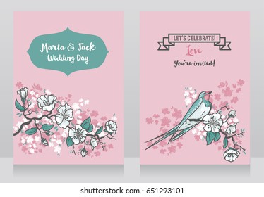 Cards for wedding with blooming tree branches and swallow, japanese style design, tender palette, vector illustration