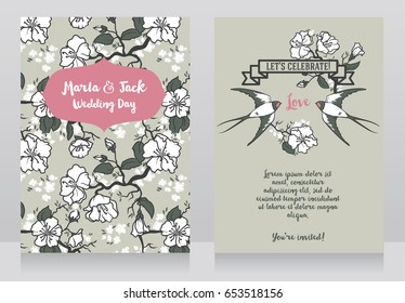 Cards for wedding with blooming tree branches and swallows couple, classic style design, vector illustration