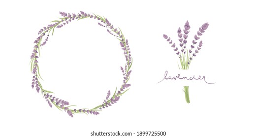 Cards for Wedding invitation. Set vector design elements, wreaths and bouquets of lavender and calligraphy lettering.	