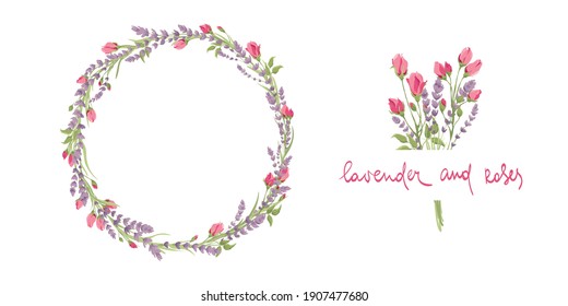 Cards for Wedding invitation. Set vector design elements, wreath and bouquet of lavender and roses, calligraphy lettering.	
