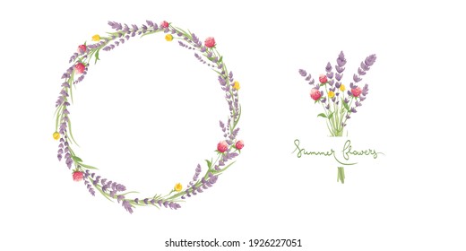 Cartas para la invitación a la boda. Fijar elementos de diseño vectorial, coronas y ramos de lavanda y flores de verano, letras caligráficas.	