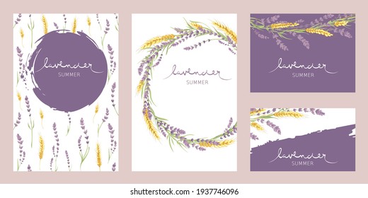 Cards for Wedding invitation. Set vector design elements, wreaths of lavender and wheat ears, calligraphy lettering.	