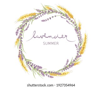 Cards for Wedding invitation. Vector design element, wreaths of lavender and wheat ears, calligraphy lettering.	