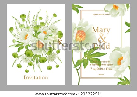Cards wedding invitations set. Decoration with bouquet of garden flowers peonies, gerberas, lily, aster on white background. Floral vector illustration. Vintage. Victorian style. White and green color