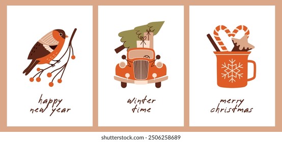 Cards for winter holidays. Happy New Year. Merry Christmas. Vintage red car is carrying a Christmas tree. Bullfinch sitting on branch with berries. Cosy cup with cookies and candy canes.