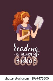 Cards with woman reading books and lettering. Bookstore, bookshop, library, book lover, bibliophile, education concept. A4 vector illustration for poster, banner, card, postcard.