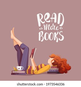 Cards with woman reading books and quote. Bookstore, bookshop, library, book lover, bibliophile, education concept. Square vector illustration for poster, banner, card, postcard.