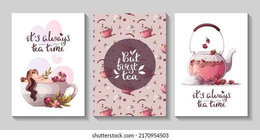 Cards with woman, teapot, teacup, rose tea. Handwritten lettering.  Vector illustration.