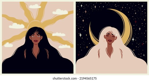 Cards with women. Moon and sun.  Woman with long hair. Illustration about day and night, magic, peaceful, calm, esoteric.