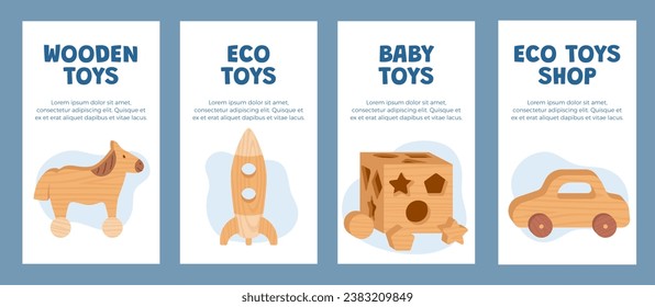 Cards with wooden toys, set of vector kids templates for design. Collection of banners and flyers for a children's shop, school or kindergarten. Simple shapes for baby games in flat cartoon style.