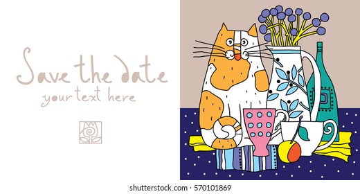 Card.Still life with bouquet, cups and cat. Vector illustration.