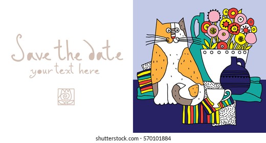 Card.Vector illustration. Still Life with a cat and a cup.