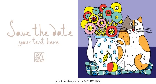 Card.Vector illustration. Still Life with Cat and bouquet in a teapot.