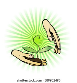 Care about the environment. Hands gently holding the plant before planting.