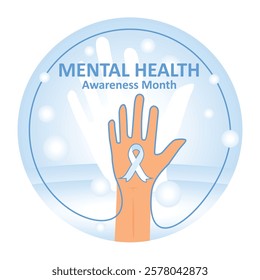 Care about mental health. Design symbolizing mental health awareness with hands and ribbon. Mental Health concept. Flat vector illustration.