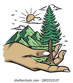 Care about nature. Mountain and hand illustration