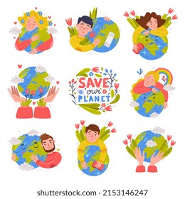 Care About Planet with Ecology Sticker and Slogan as Environment Protection Vector Set