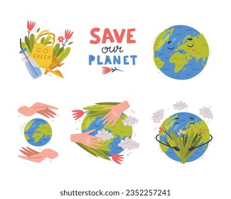 Care About Planet with Green Globe as Ecology and Environment Protection Vector Sticker Set