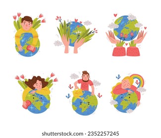 Cuidar el planeta con el globo verde como conjunto de etiquetas adhesivas de protección ecológica y ambiental