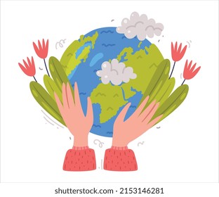 Cuidado con el planeta con mano humana y el globo verde como ilustración ecológica y de protección ambiental