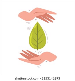 Care About Planet with Human Hand and Green Leaf as Ecology and Environment Protection Vector Illustration