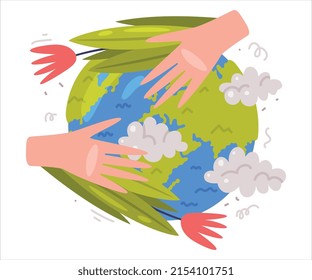 Cuidado con el planeta con mano humana y el globo verde como ilustración ecológica y de protección ambiental