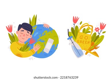 Care About Planet with Man Embracing Green Globe and Reusable Objects as Ecology and Environment Protection Vector Sticker Set