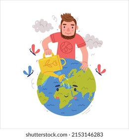 Care About Planet with Man with Watering Can and Green Globe as Ecology and Environment Protection Vector Illustration