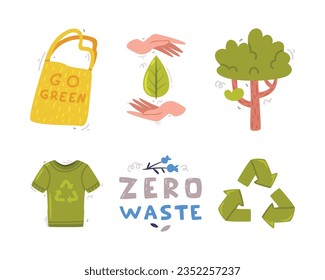 Care About Planet with Tree, Recycle Sign and Shopping Bag as Ecology and Environment Protection Vector Sticker Set