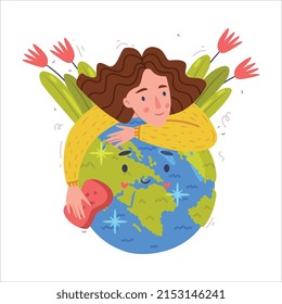 Care About Planet with Woman Cleaning Green Globe with Sponge as Ecology and Environment Protection Vector Illustration