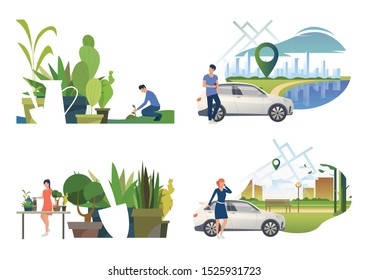 Care about plants illustration set. People watering houseplants, planting sprout outdoors, calling on phone near car. Nature concept. Vector illustration for posters, presentations, landing pages