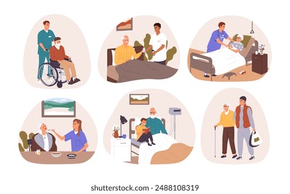 Care about seniors health, life set. Nurses help old people in hospital, nursing home. Volunteers assisting, support grandfathers, grandmother. Flat isolated vector illustrations on white background