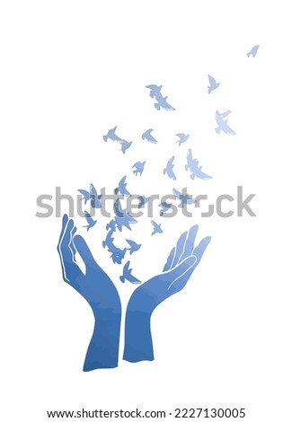care about world. concept of world without war Blue hands and dove. Vector illustration