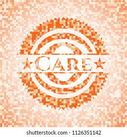 Care abstract emblem, orange mosaic background