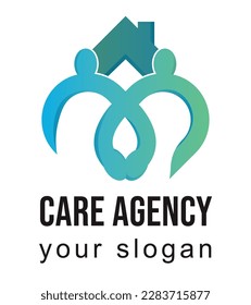 Care agency logo. Two persons holding hands in a shape of half heart.  Blue and green gradient colors. medical home nursing house help care design template emblem icon 
vector sign foundation creative