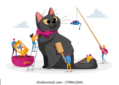 Care of Animals. People Spending Time with Pet. Tiny Male and Female Characters on Ladders Caring of Huge Cat, Feed, Play, Dressing or Comb. Communication with Pets. Cartoon People Vector Illustration