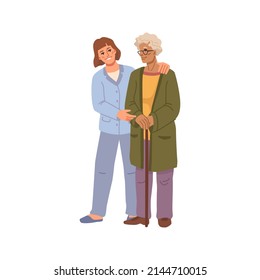 Care and assistance for senior people, isolated nurse helping elderly woman with walking stick. Vector flat cartoon character in nursing home or hospital. Therapy and treatment for old lady