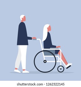 Care and assistance. Young disabled female character sitting in a wheelchair. Disability. Daily life. Flat editable vector illustration, clip art