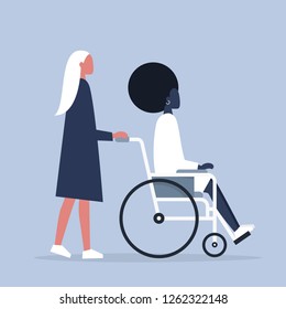 Care and assistance. Young disabled female character sitting in a wheelchair. Disability. Daily life. Flat editable vector illustration, clip art