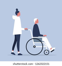 Care and assistance. Young disabled male character sitting in a wheelchair. Disability. Daily life. Flat editable vector illustration, clip art